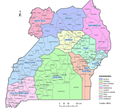Map of Uganda showing coffee growing sub-regions